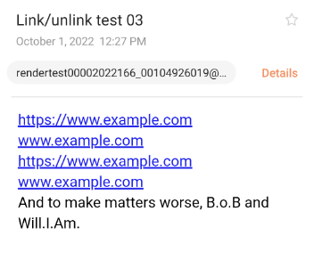 Screenshot of Samsung Mail showing links are still hyperlinked even with the control chars.